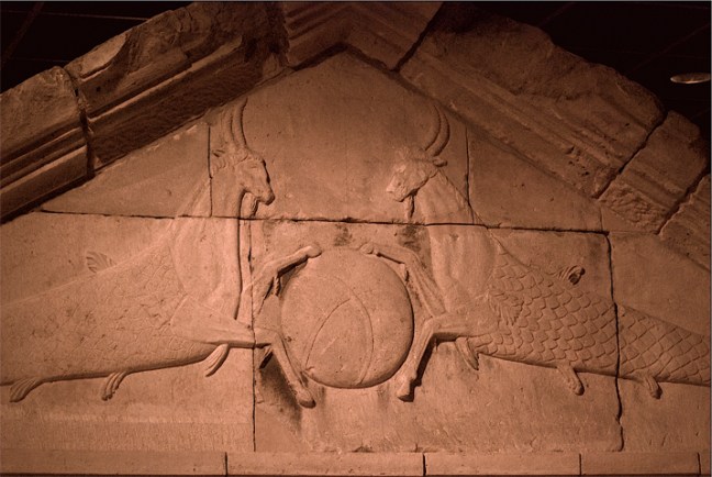 About the time that the Apostle Paul was in Corinth (AD 50), the German city of Cologne was founded as a Roman colony (Colonia Claudia Ara Agrippinensium). Thus, from an early date there is abundant Roman materials from Cologne and its suburbs. This sepulchral monument shows two capricorns holding a globe of the earth. Since the emperor Augustus had taken the Capricorn as his birth sign, this depicts Augustan control of the earth. Located in the Römisch-Germanisches Museum (Roman-Germanic Museum), Cologne, Germany.  © copyright holder of this work is Richard E. Oster.  Page 31, figure 10.