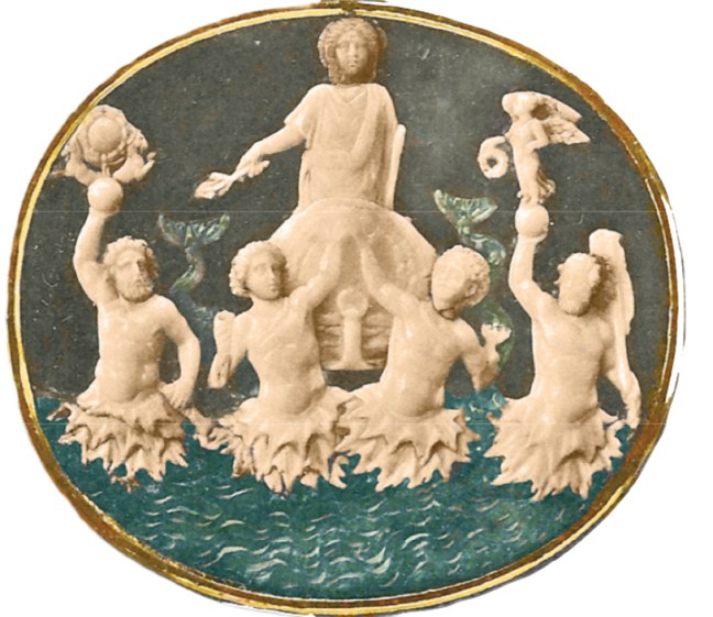 This Roman Gem, known as the “Actium Victory Cameo,” shows Augustus in a chariot being drawn by four Tritons. The iconography of this image with its ocean and globe depicts Augustus as “Master of land and sea” in its celebration of the Victory of Actium. Gem located in the Kunsthistorisches Museum in Vienna, Austria. Page 39, figure 26