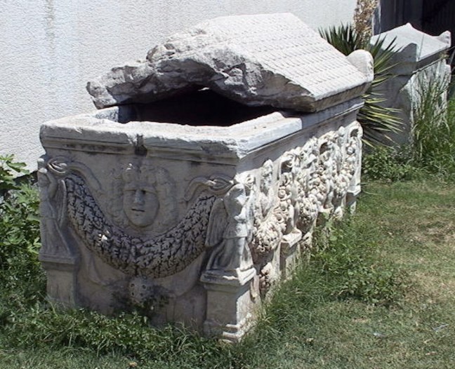 Sarcophagus (stone coffin) placed outside the archaeological museum for Ephesus, in the town of Selçuk, Turkey.  © copyright holder of this work is Richard E. Oster.  Page 60, figure 37.