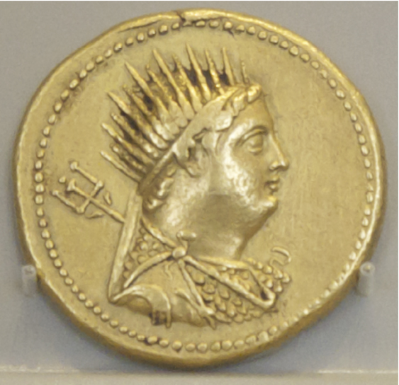 Coin of Hellenized Divine Ruler, Ptolemy III Euergetes (reigned 246-222 BC), whose divinity was highlighted by his radiate crown. Alte Museum, Berlin, Germany.  © copyright holder of this work is Richard E. Oster.  Page 79, figure 43.