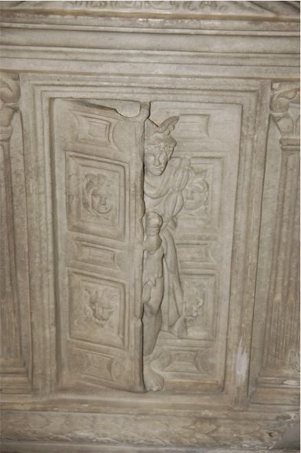 Sarcophagus [stone coffin] panel with Hermes standing at the door to meet the souls of the dead and to escort them into the underworld of Hades. 3rd century AD. The State Hermitage Museum, St. Petersburg, Russia.  © copyright holder of this work is Richard E. Oster.  Page 84, figure 46.