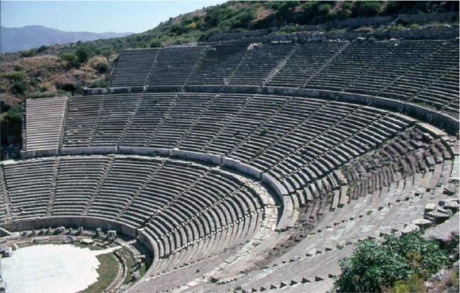 Theater at Ephesus dated from the Hellenistic period but was expanded during the reign of the Roman Emperor Claudius. This theater had a seating capacity of approximately 25,000.  © copyright holder of this work is Richard E. Oster.