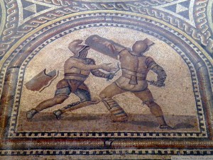 Detail of Gladiator mosaic, Römerhalle, Bad Kreuznach, Germany.copyright photo, attribution @www.flickr.com:photos:carolemage:8196070427 copyright holder carole madge.